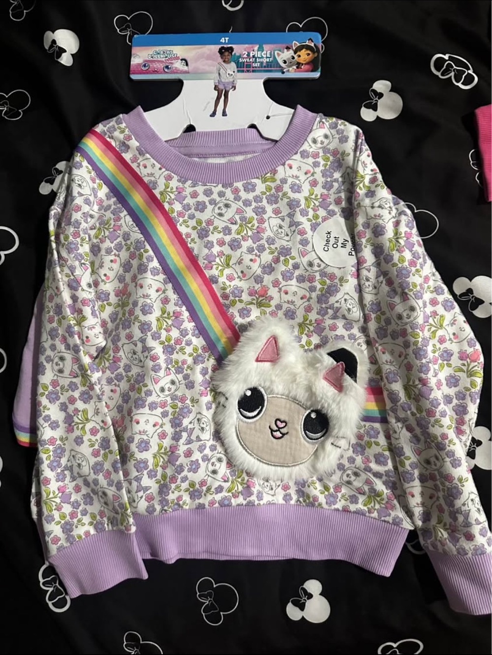 Girls Plush Lamb Sweatshirt Hoodie - Lavender Floral Rainbow Accent and shorts